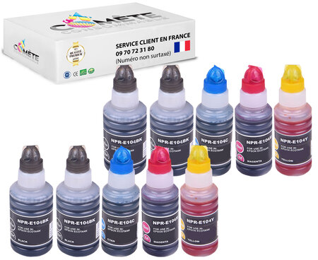 10 recharges 104 compatibles pour imprimantes epson ecotank - 4 noir + 2 cyan + 2 magenta + 2 jaune