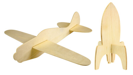 Fusée en bois 10 cm et avion en bois 30 cm