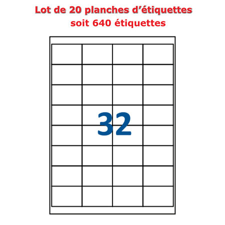 Lot de 20 planches étiquettes autocollantes blanches sur feuille a4 : 51 x 34 mm (32 étiquettes par feuille  spéciales bons de transport)