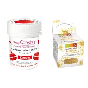 Colorant alimentaire Rouge + paillettes dorées