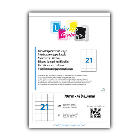 Lot de 20 planches a4 de 21 étiquettes à bords vifs 70 x 42,3 mm en papier blanc 70g/m² multifonction