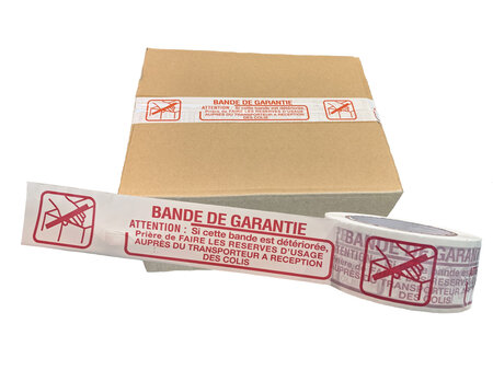 Lot de 216 rouleaux de ruban adhésif imprimé “bande de garantie” 48mmx100ml polypropylène silencieux