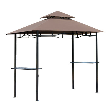 Pavillon abri tonnelle de jardin pour barbecue double toit 2 tablettes incluses tissu polyester acier 2 45 x 1 48 x 2 55 m chocolat