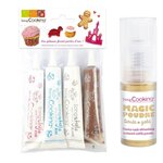 4 stylos de glaçage blanc, rose, bleu, chocolat + poudre alimentaire irisée dorée