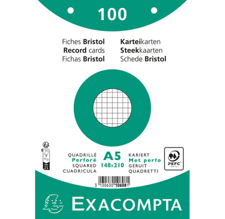Paquet 100 Fiches Sous Film - Bristol Quadrillé 5x5 Perforé 148x210mm - Blanc - X 10 - Exacompta