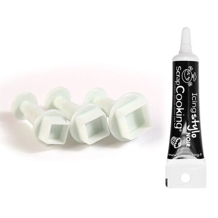 3 emporte-pièces à poussoir en plastique Carré + Stylo de glaçage noir
