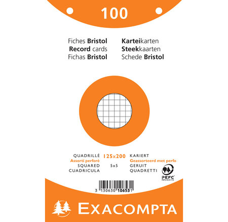Paquet de 100 fiches bristol 5x5 perf.125x200 s/film ass exacompta
