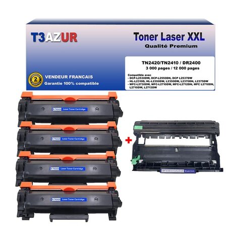 Kit tambour+4 toners compatibles avec brother tn2420  dr2400 pour brother hl-l2357dw  l2370dn  l2310d  l2350dw  l2395dw - 3 000 pages - t3azur