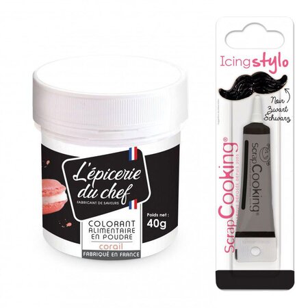 Colorant alimentaire en poudre corail 40 g + Stylo glaçage noir