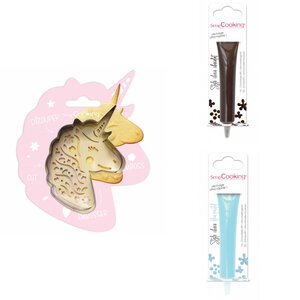 Kit pour biscuit en relief Licorne + 2 Stylos au chocolat marron et bleu pastel