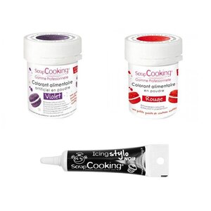 2 colorants alimentaires rouge-violet + Stylo glaçage noir