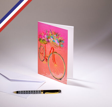 Carte double carnet de couleurs créée et imprimée en france sur papier certifié pefc - vélo fleuri