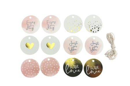 Etiquette ronde rose et doré 6cm avec cordelette 12 pièces