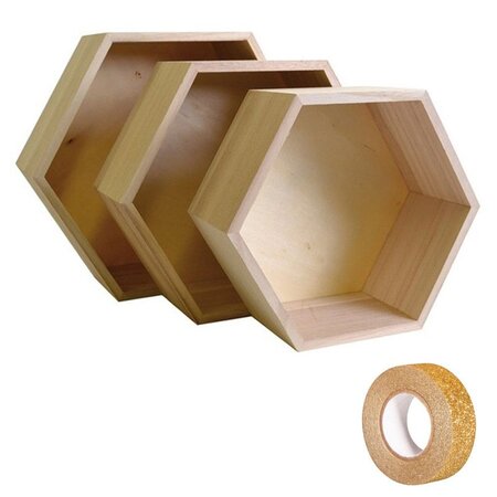 3 étagères hexagonales bois + masking tape doré à paillettes 5 m