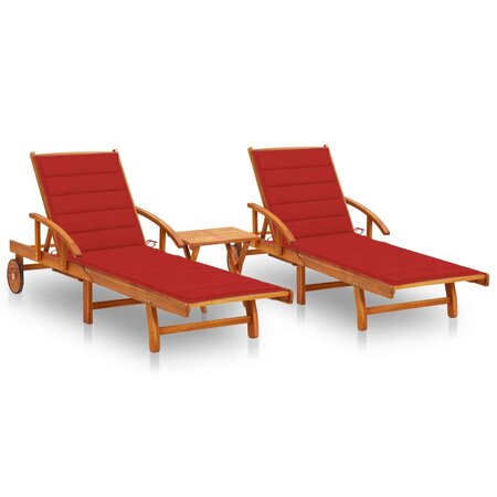 vidaXL Chaises longues 2 Pièces avec table et coussins Acacia solide