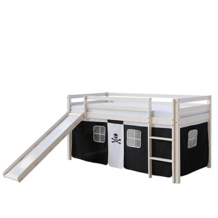 Lit Simple Blanc 90x200 en hauteur avec echelle et rideau Foncé et toboggan