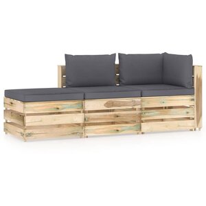 vidaXL Salon de jardin 3 Pièces avec coussins Bois imprégné de vert