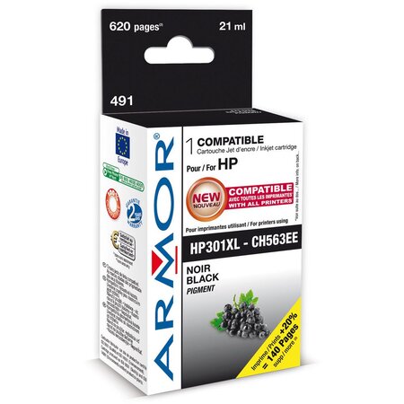 Cartouche d'encre remanufacturée, compatible pour hp 301xl ch563ee - noir (blister 1 unité)