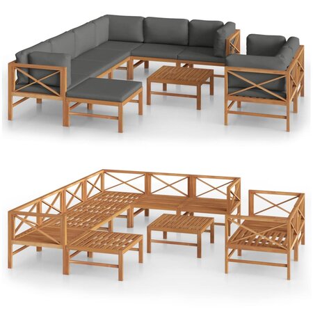vidaXL Salon de jardin 10 Pièces avec coussins gris Bois de teck solide