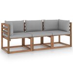 vidaXL Canapé palette de jardin 3 places et coussins gris Pinède