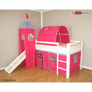 Lit Simple Blanc 90x200 en hauteur avec echelle Rideau et Tunnel Tour et Toboggan Fuchsia