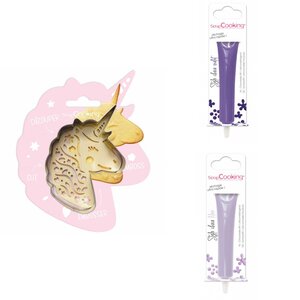Kit pour biscuit en relief Licorne + 2 Stylos au chocolat violet et lilas