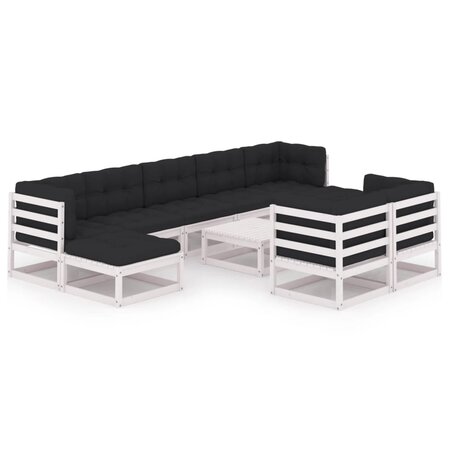 vidaXL Salon de jardin 10 Pièces avec coussins Blanc Bois de pin massif
