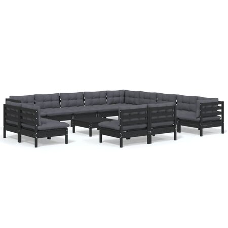 vidaXL Salon de jardin 14 Pièces avec coussins Noir Bois de pin solide
