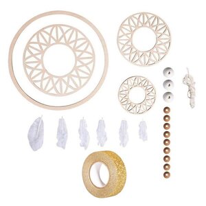 Kit attrape rêves XL + Disque bois ø 18 cm perles ficelle plumes + masking tape doré à paillettes