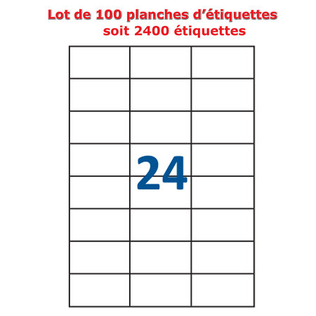Lot de 100 planches étiquettes autocollantes blanches sur feuille a4 : 70 x 35 mm (24 étiquettes)