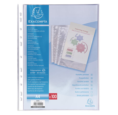 Etui Carton De 100 Pochettes Perforées Polypropylène Lisse 6/100e - A4 - Exacompta