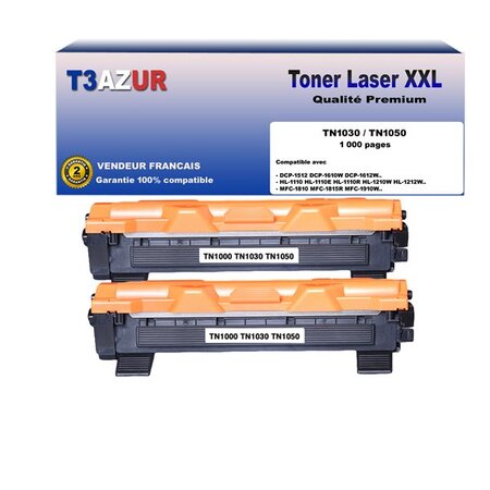 2 toners compatibles avec brother tn1050 pour brother hl1110  hl1112  hl1210w  hl1212w - 1 000 pages - t3azur