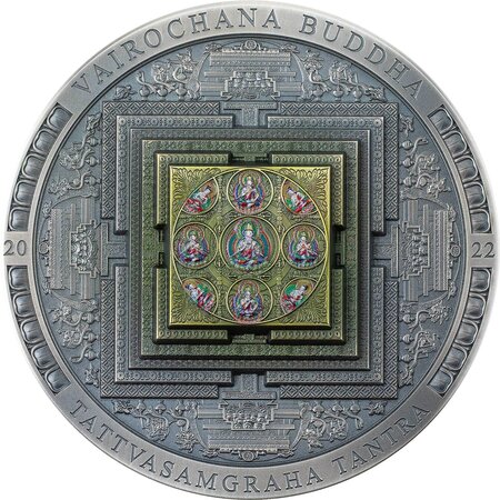 VAIROCHANA BUDDHA MANDALA Colorized Archeology Symbolism Antiqued 3 onces argent monnaie 2000 Togrog Mongolia 2022