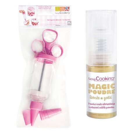 Seringue pour pâtisserie + Poudre alimentaire irisée dorée