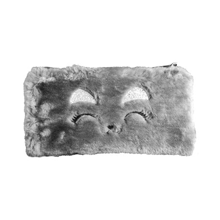 Trousse fourre tout plat 23 x 12 cm - peluche chat gris