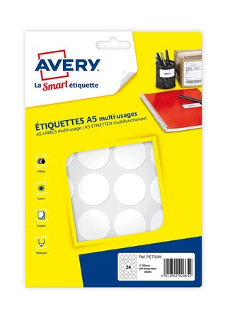 Sachet de 384 pastilles Ø30 mm Imprimables Blanc AVERY