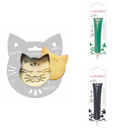 Kit pour biscuit en relief Chat + 2 Stylos au chocolat vert et noir