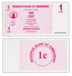 Billet de collection 1 cent 2006 zimbabwe - neuf - p33