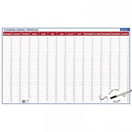 Planning perpétuel annuel réutilisable - 60 x 99 cm - bouchut