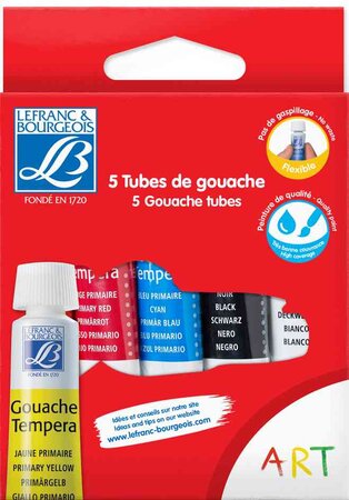 Etui de 5 tubes flexibles gouache 10 ml blanc noir rouge jaune bleu lefranc bourgeois