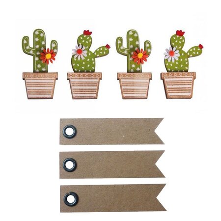 4 autocollants bois Cactus 6 5 cm + 20 étiquettes kraft Fanion