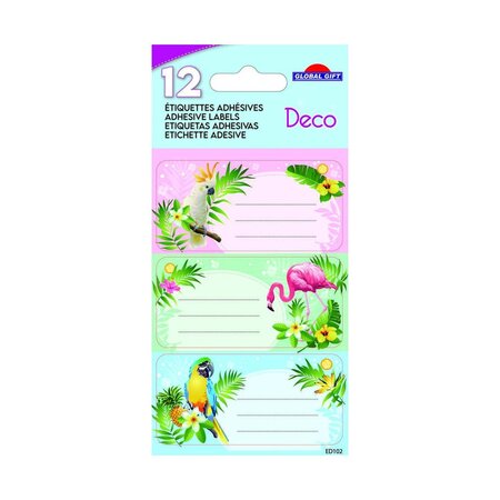 12 étiquettes adhésives scolaires - Rectangle - Tropical - Paillettes
