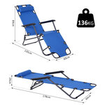 Chaise longue pliable bain de soleil transat de relaxation dossier inclinable avec repose-pied polyester oxford bleu