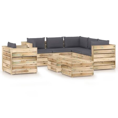 vidaXL Salon de jardin 8 Pièces avec coussins Bois imprégné de vert