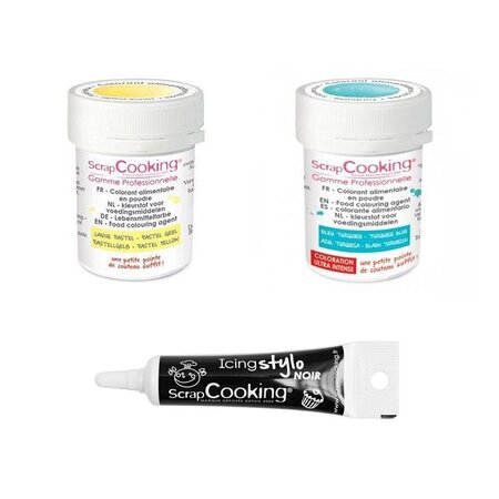 2 colorants alimentaires turquoise-jaune pastel + Stylo glaçage noir