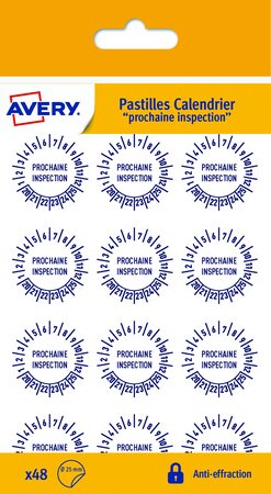 48 pastilles "prochaine inspection" + 12 mois + années 20 à 25, antieffraction