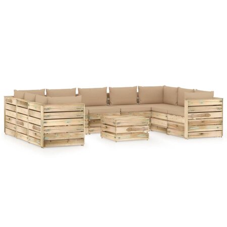 vidaXL Salon de jardin 10 Pièces avec coussins Bois imprégné de vert
