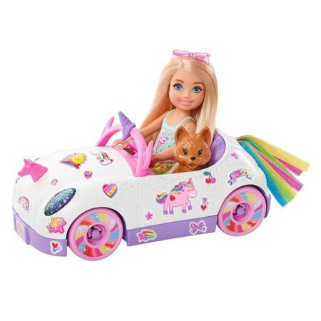 Barbie - chelsea et sa décapotable licorne et arc-en-ciel  avec autocollants et accessoires - véhicule poupée mannequin - des 3 ans