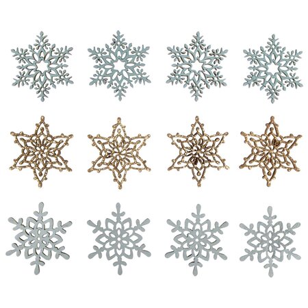 12 flocons de neiges adhésifs en bois bleu et doré