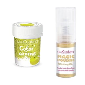Colorant alimentaire vert arôme pomme + Poudre alimentaire irisée dorée